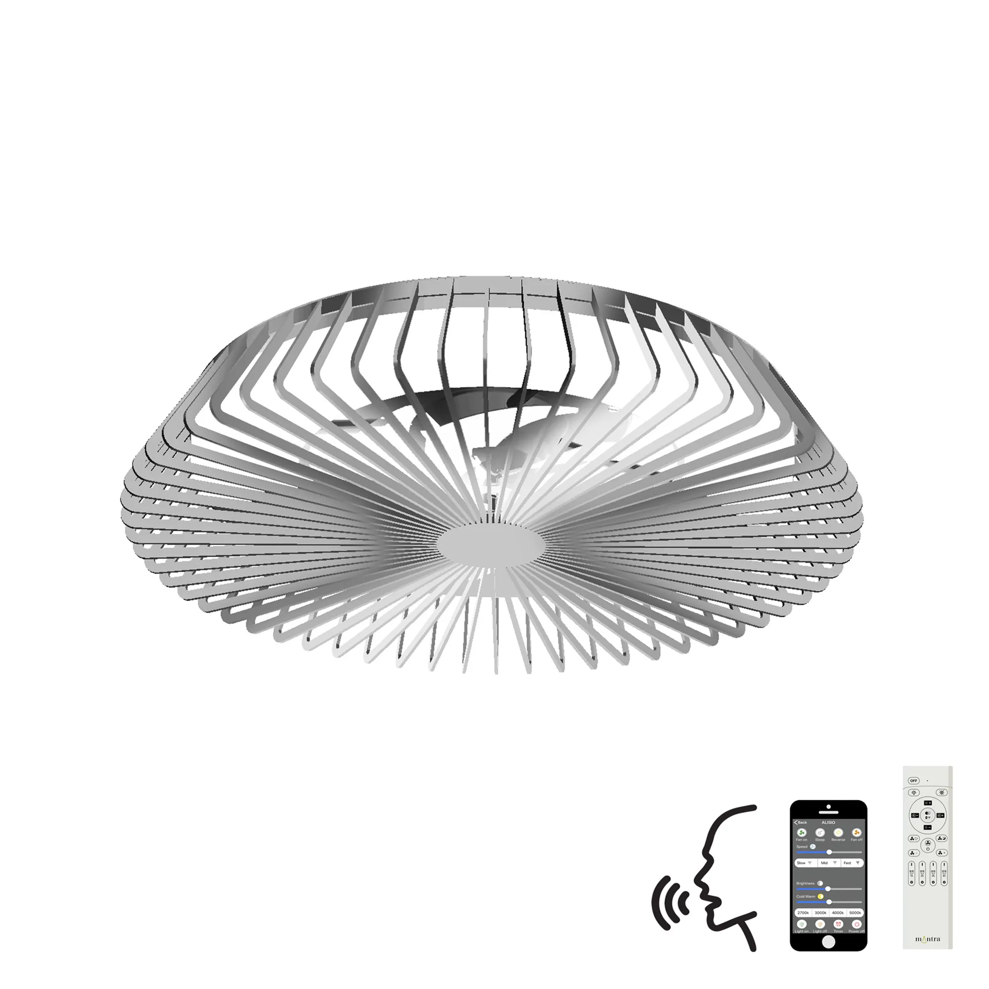 M7122  Himalaya 70W LED Dimmable Ceiling Light & Fan, Remote / APP / Voice Controlled Silver